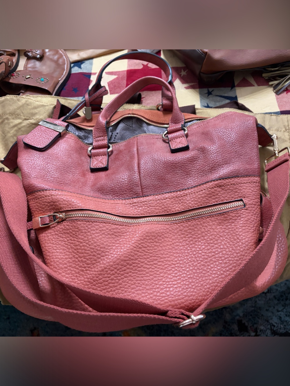 Moda Luxe Orange-Pebbled Leather Tote with Crossbody Strap